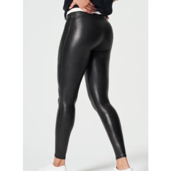Spanx Faux Leather Leggings Women M Tall Black Shiny Shapewear Stretch Rocker - Picture 2 of 12